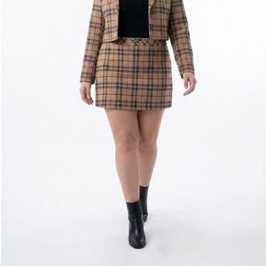 Express Plaid Mini Skirt Tan Black White Cotton Lined Size 18